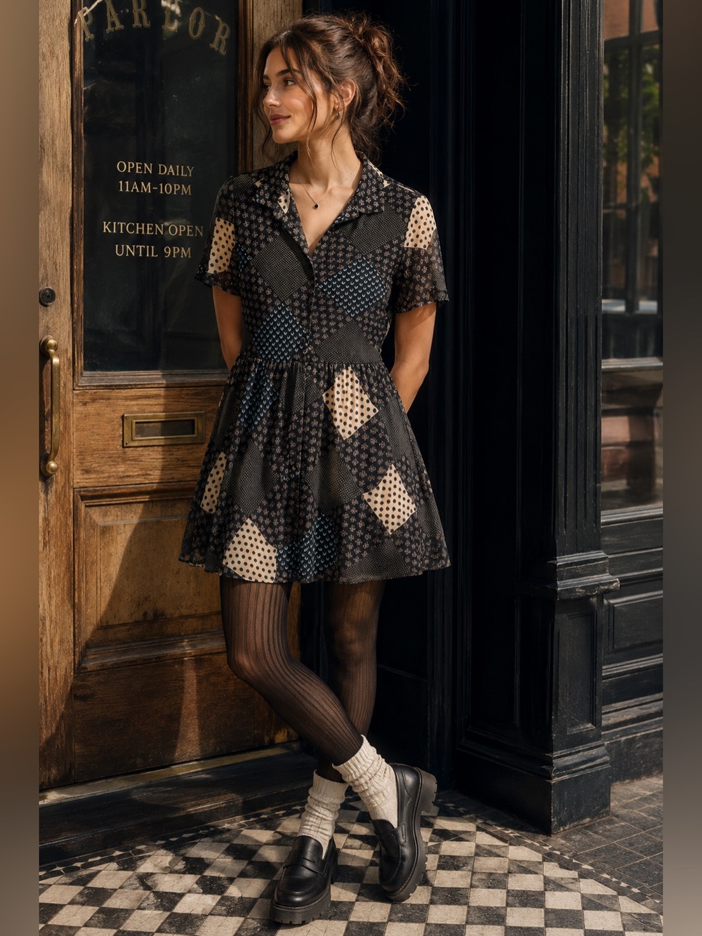 Urban Outfitters Patchwork Sheer Mini Shirt Dress Dark Academia M